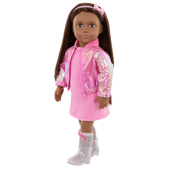 Our Generation Deluxe Outfit Splash of Pink including pink dress, shiny pink jacket, socks boots and headband