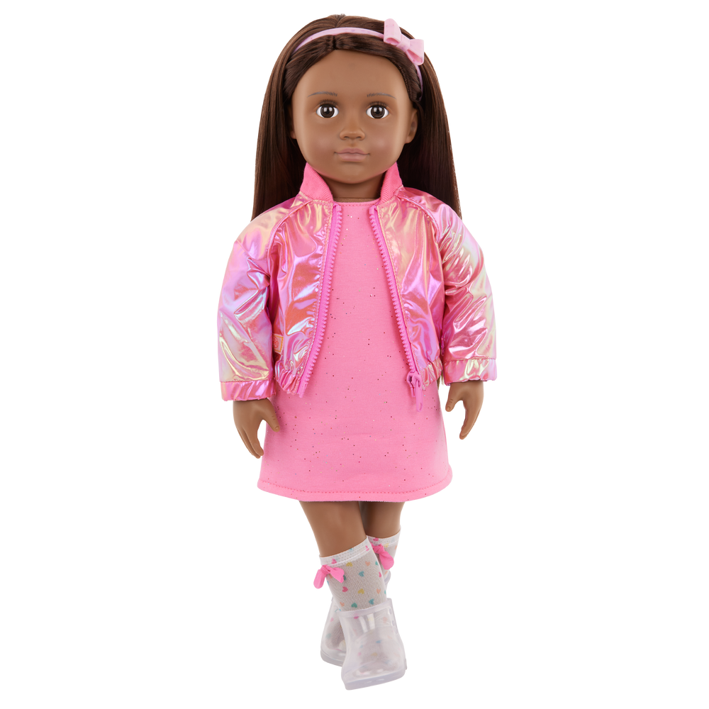 Our Generation Deluxe Outfit Splash of Pink including pink dress, shiny pink jacket, socks boots and headband