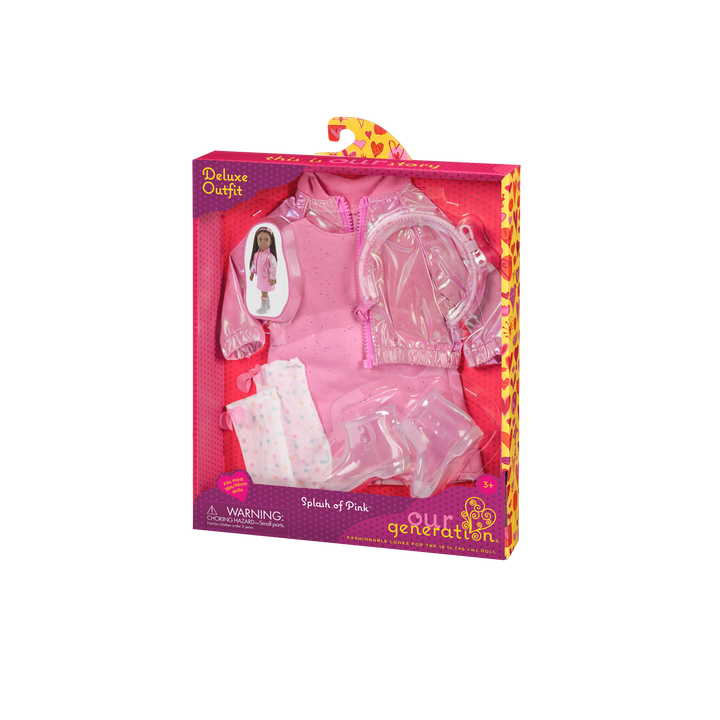 Our Generation Deluxe Outfit Splash of Pink including pink dress, shiny pink jacket, socks boots and headband
