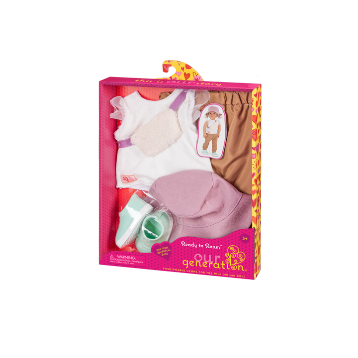 Our Generation 46cm Doll Roam Outfit including trousers, top, hat, shoes and bag