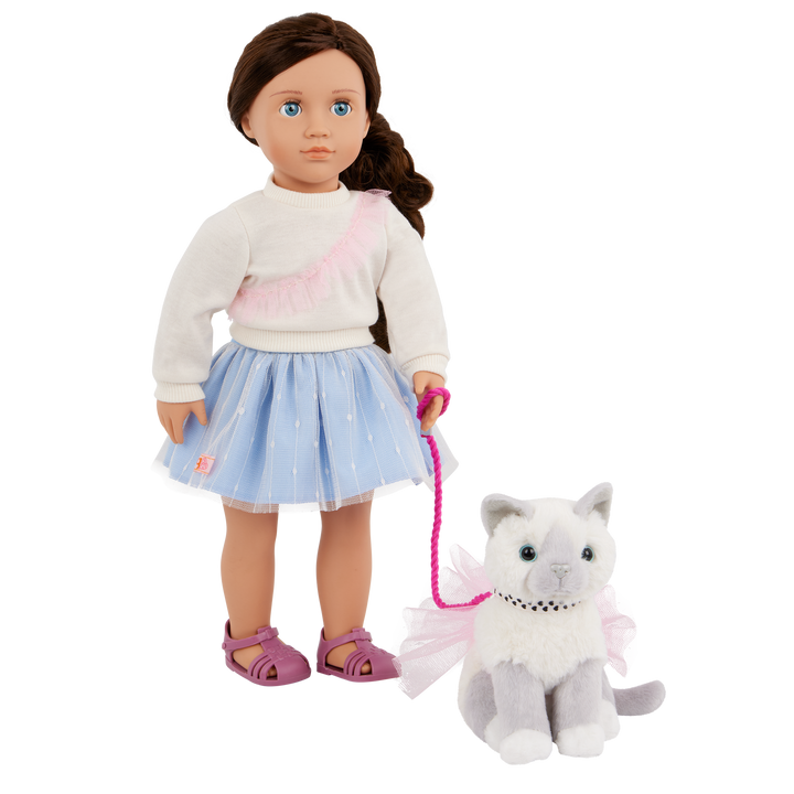 Our Generation 46cm Doll Mindy, her Pet Cat Pepper and cat accessories