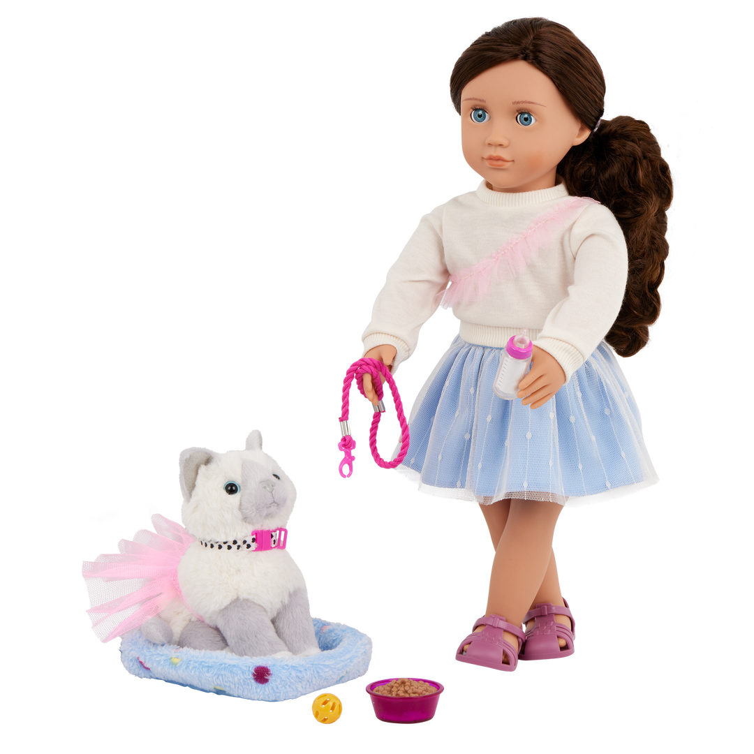 Our Generation 46cm Doll Mindy, her Pet Cat Pepper and cat accessories