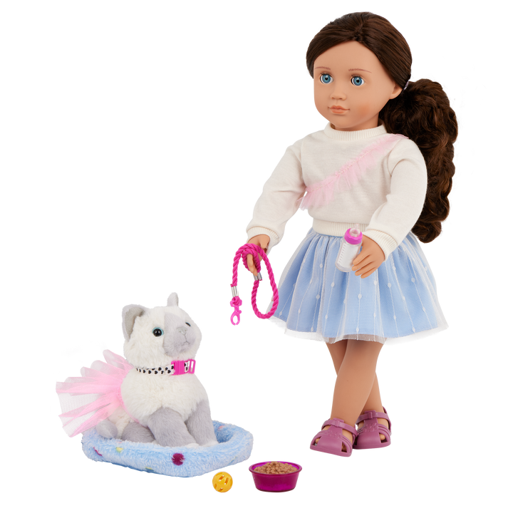 Our Generation 46cm Doll Mindy, her Pet Cat Pepper and cat accessories