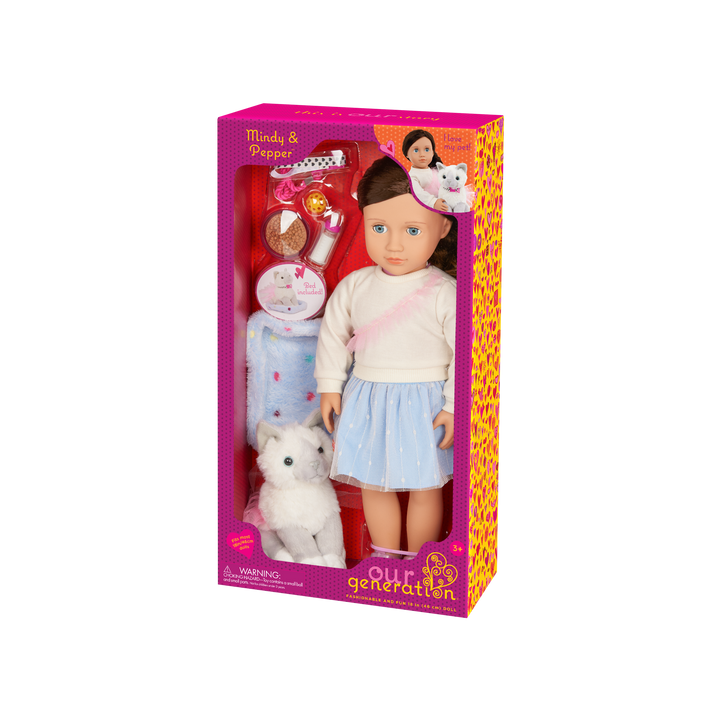 Our Generation 46cm Doll Mindy, her Pet Cat Pepper and cat accessories