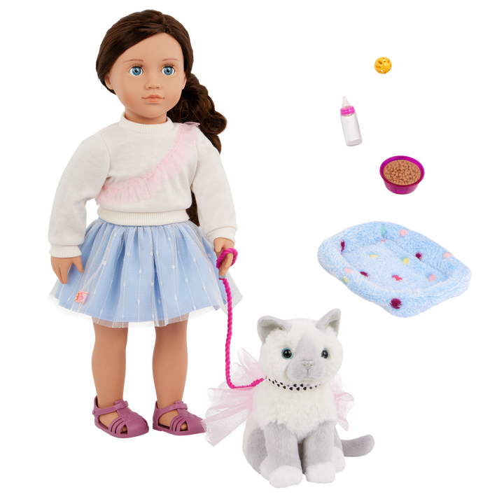 Our Generation 46cm Doll Mindy, her Pet Cat Pepper and cat accessories