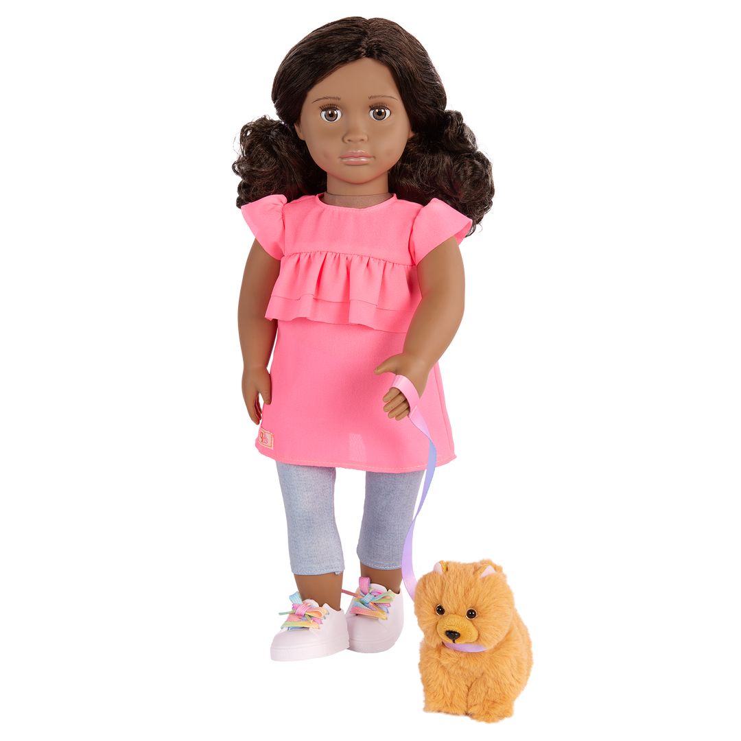 Our Generation 46cm Doll Ayanna and her pet dog Goldie and dog accessories