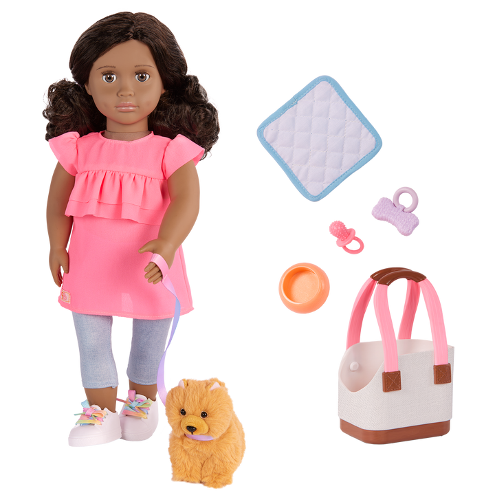 Our Generation 46cm Doll Ayanna and her pet dog Goldie and dog accessories