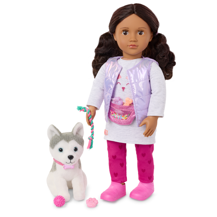 Estella & Evi - 46cm Doll & Pet Husky - Doll with Brown Hair & Eyes - 15cm Plush Husky with White & Grey Fur - Toys & Gifts for Kids - Our Generation