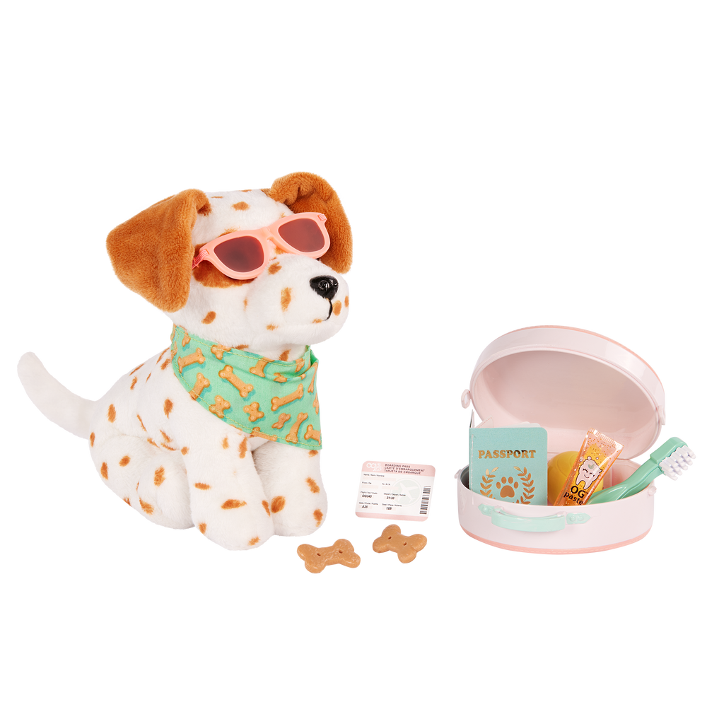Our Generation summer holiday Poseable Dalmatian Plush Dog and accessories including passport, sunglasses, travel items and carry case for accessories