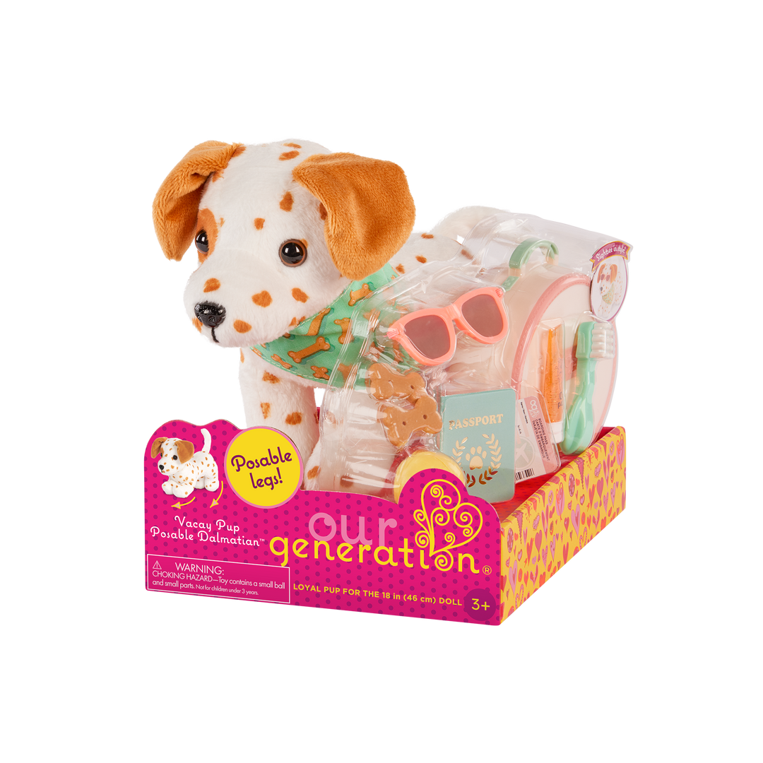 Our Generation summer holiday Poseable Dalmatian Plush Dog and accessories including passport, sunglasses, travel items and carry case for accessories