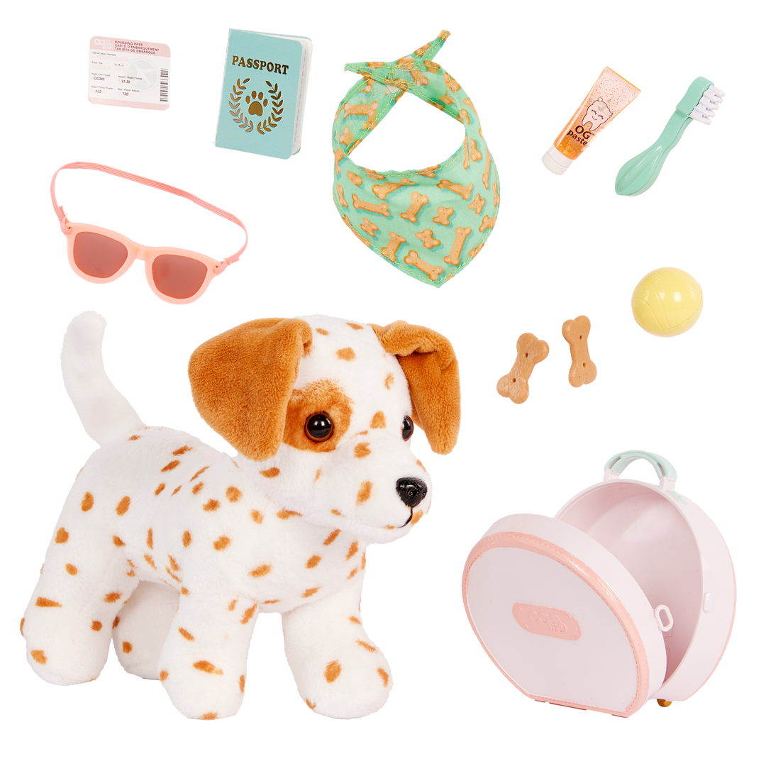Our Generation summer holiday Poseable Dalmatian Plush Dog and accessories including passport, sunglasses, travel items and carry case for accessories