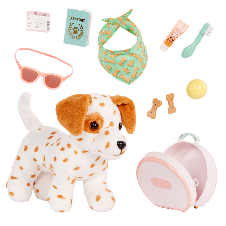 Our Generation summer holiday Poseable Dalmatian Plush Dog and accessories including passport, sunglasses, travel items and carry case for accessories