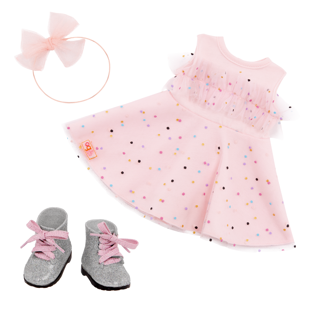 Pink & Colourful  - Outfit for 46cm Dolls - Pink dress, boots & headband  - Our Generation