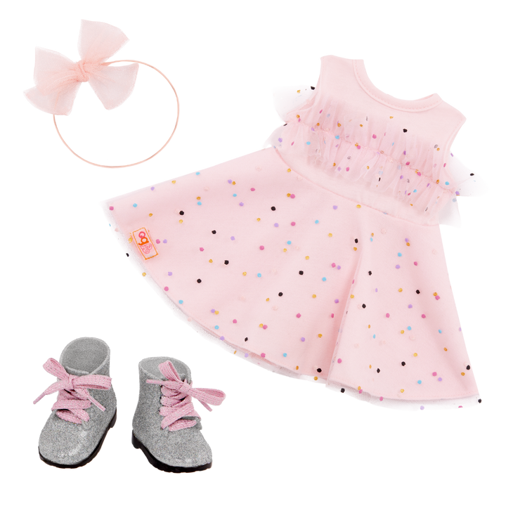 Pink & Colourful  - Outfit for 46cm Dolls - Pink dress, boots & headband  - Our Generation