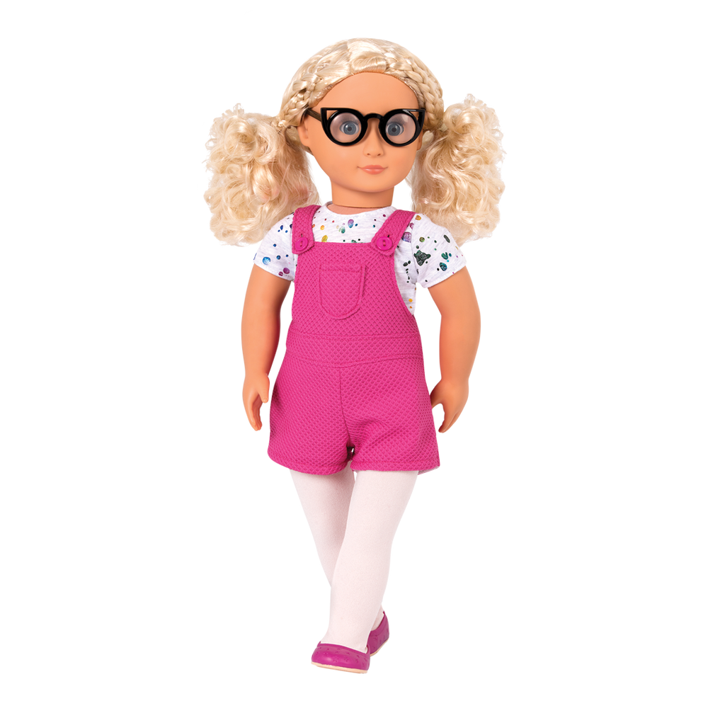 A Splash of Fun - Clothing for 46cm Dolls - Doll Outfit with Pink Overalls, Tights & Top - Doll Glasses - Our Generation