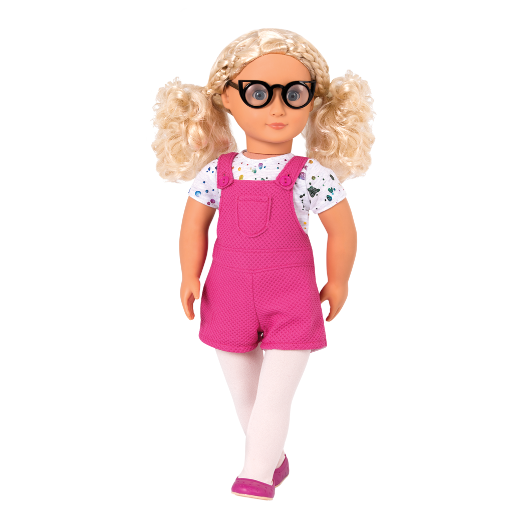 A Splash of Fun - Clothing for 46cm Dolls - Doll Outfit with Pink Overalls, Tights & Top - Doll Glasses - Our Generation