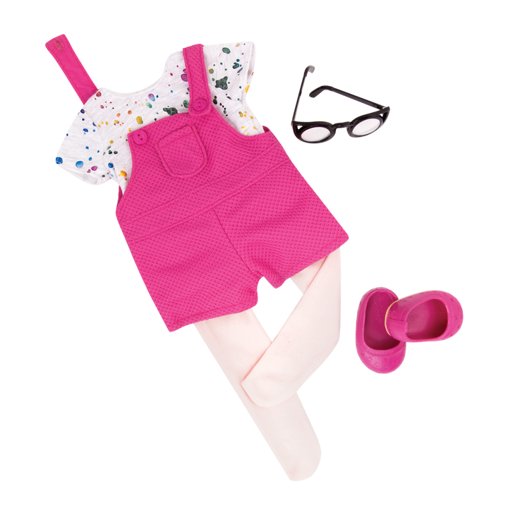 A Splash of Fun - Clothing for 46cm Dolls - Doll Outfit with Pink Overalls, Tights & Top - Doll Glasses - Our Generation