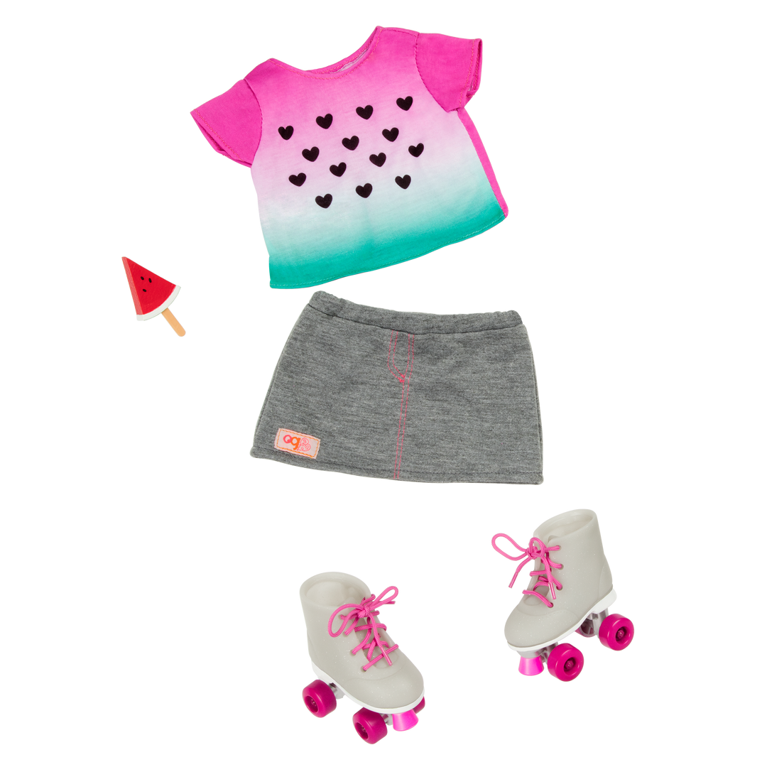 Watermelon-themed roller skating outfit for 18-inch doll