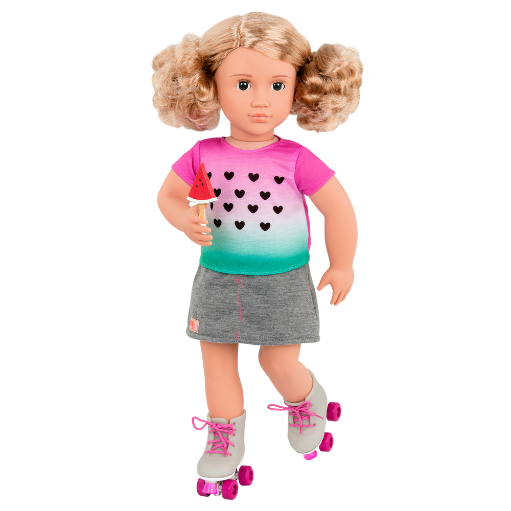 Watermelon-themed roller skating outfit for 18-inch doll