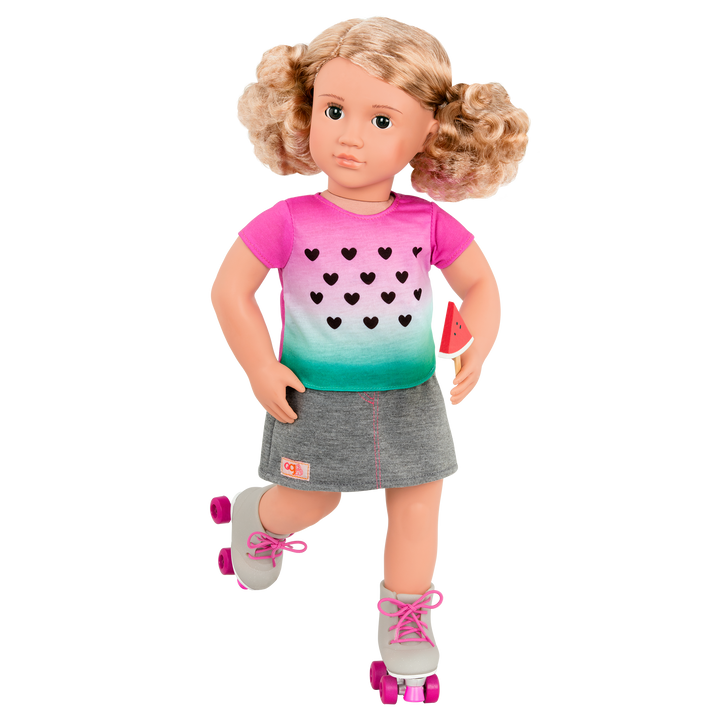 Watermelon-themed roller skating outfit for 18-inch doll