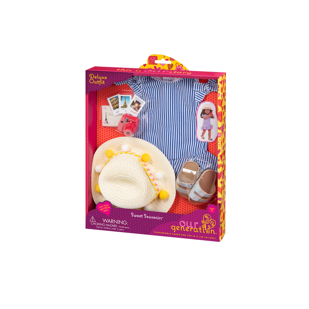 Tourist outfit with polaroid camera and pictures for 18-inch doll