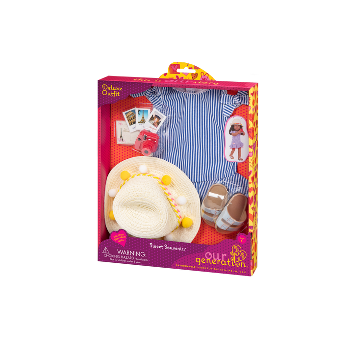Tourist outfit with polaroid camera and pictures for 18-inch doll