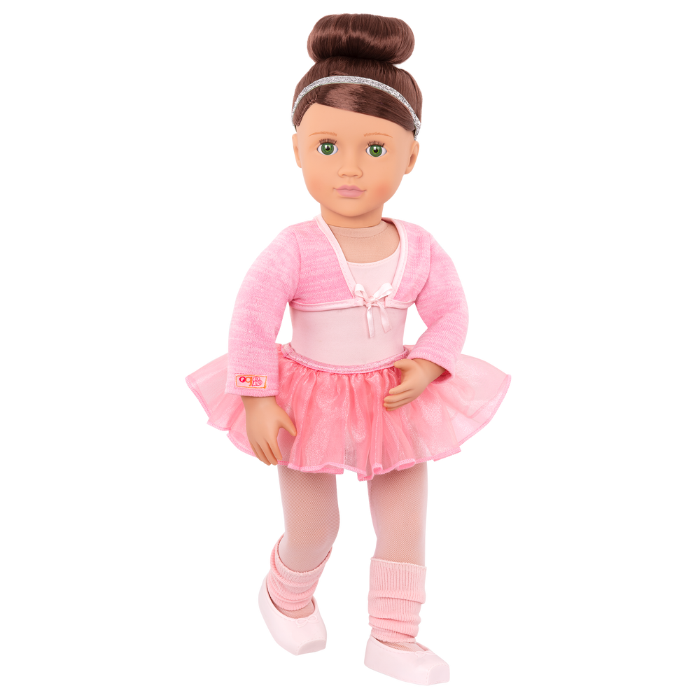 18-inch doll with brown hair, green eyes, ballerina accessories and storybook