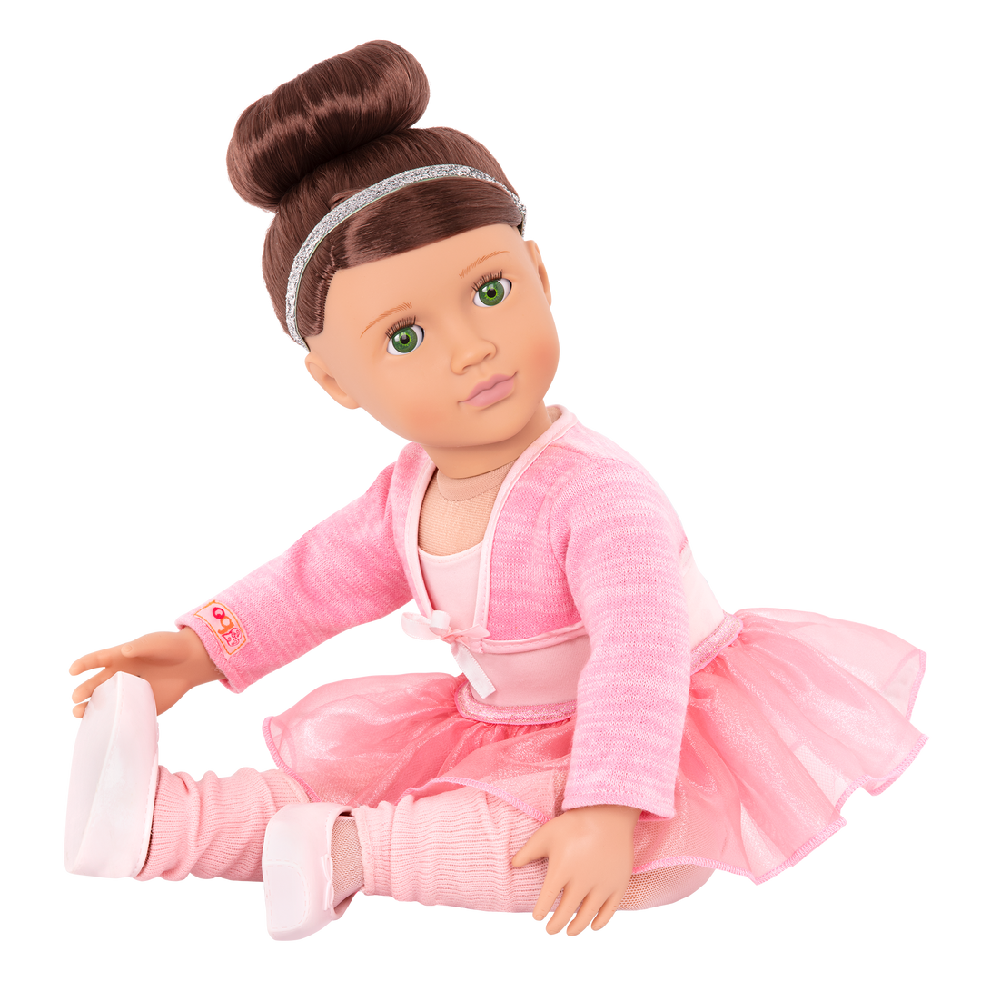 18-inch doll with brown hair, green eyes, ballerina accessories and storybook