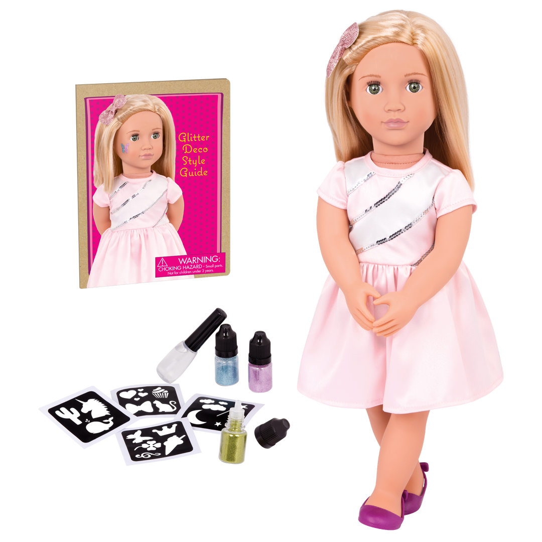 18-inch doll with blonde hair, green eyes and glitter tattoo decals