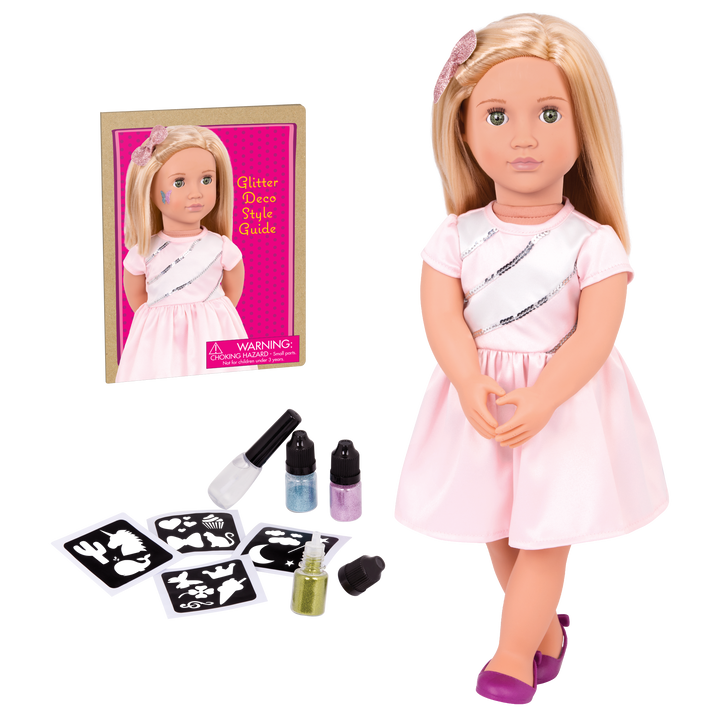 18-inch doll with blonde hair, green eyes and glitter tattoo decals