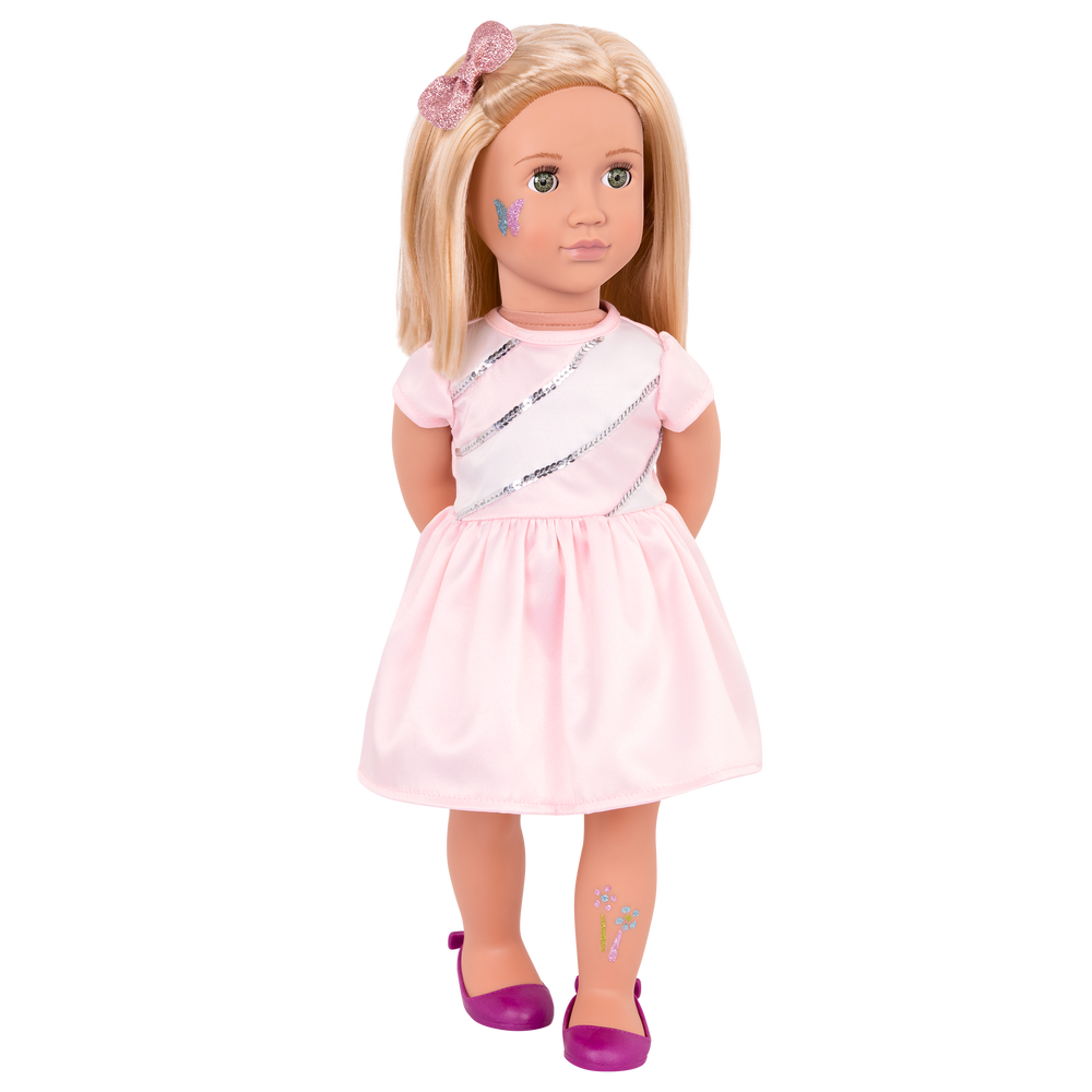 18-inch doll with blonde hair, green eyes and glitter tattoo decals