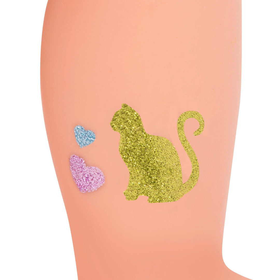 18-inch doll with blonde hair, green eyes and glitter tattoo decals