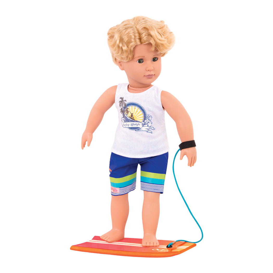 Gabe - 46cm Boy Doll - Boy Doll with Blonde Hair & Brown Eyes - Surfing Doll - Orange Surfboard - Toys & Gifts for Children - Our Generation UK