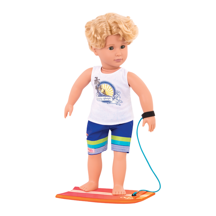 Gabe - 46cm Boy Doll - Boy Doll with Blonde Hair & Brown Eyes - Surfing Doll - Orange Surfboard - Toys & Gifts for Children - Our Generation UK