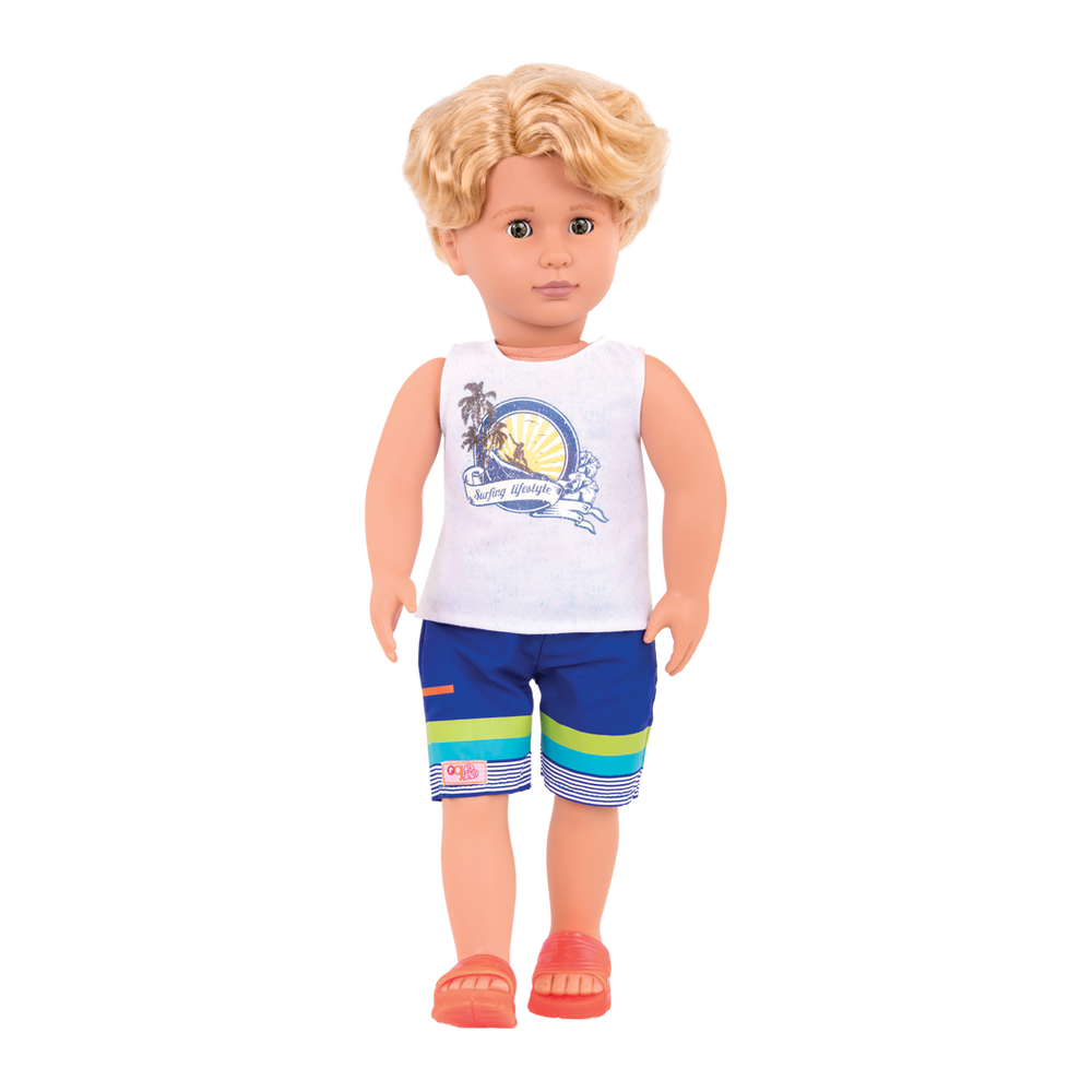 Gabe - 46cm Boy Doll - Boy Doll with Blonde Hair & Brown Eyes - Surfing Doll - Orange Surfboard - Toys & Gifts for Children - Our Generation UK