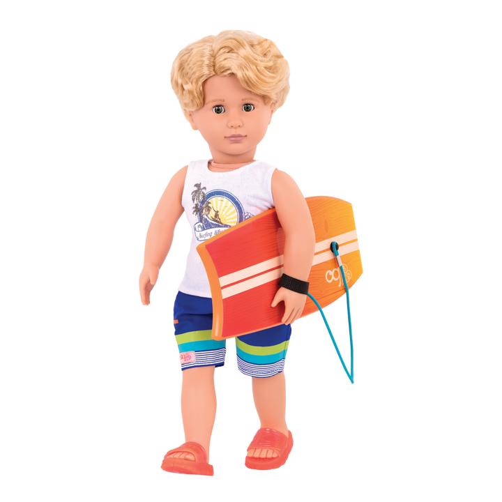 Gabe - 46cm Boy Doll - Boy Doll with Blonde Hair & Brown Eyes - Surfing Doll - Orange Surfboard - Toys & Gifts for Children - Our Generation UK