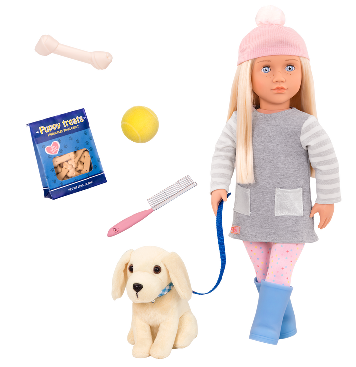 Meagan - 46cm Doll & Pet - OG Doll with Blonde Hair, Blue Eyes & Freckles - Golden Retriever Pup with White Fur - Toys & Gifts - Our Generation