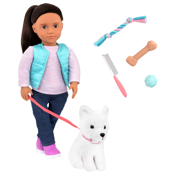 Cassie - 46cm Doll & Pet Samoyed - OG Doll with Brown Hair & Brown Eyes - Pet Puppy with White Fur & Accessories - Toys for Children - Our Generation