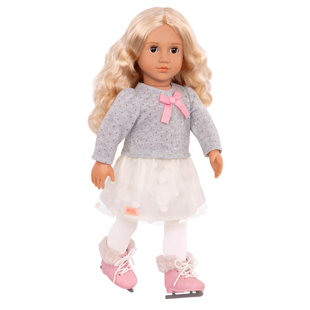 18-inch doll with blonde hair, brown eyes and ice skates