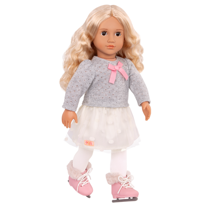 18-inch doll with blonde hair, brown eyes and ice skates