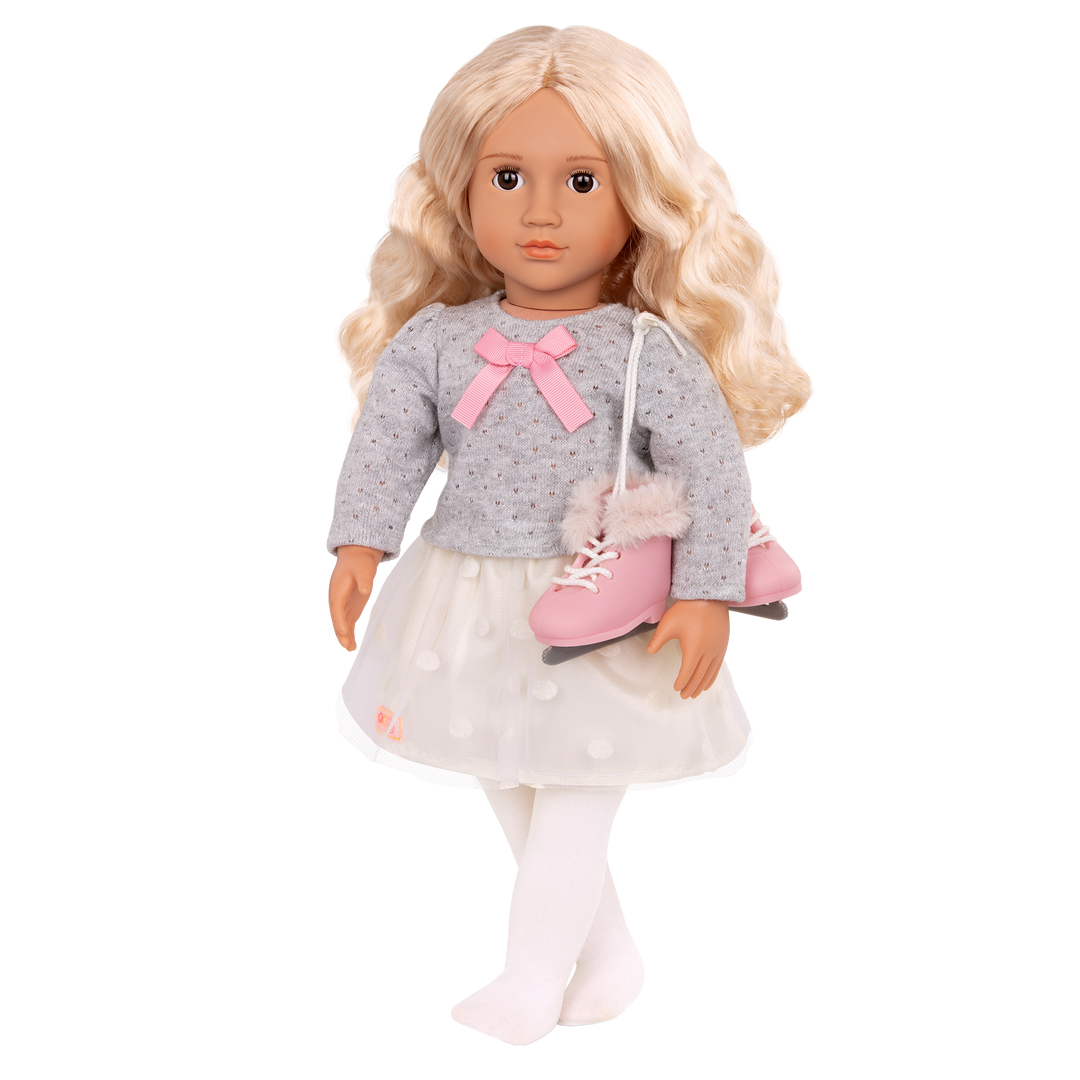 18-inch doll with blonde hair, brown eyes and ice skates