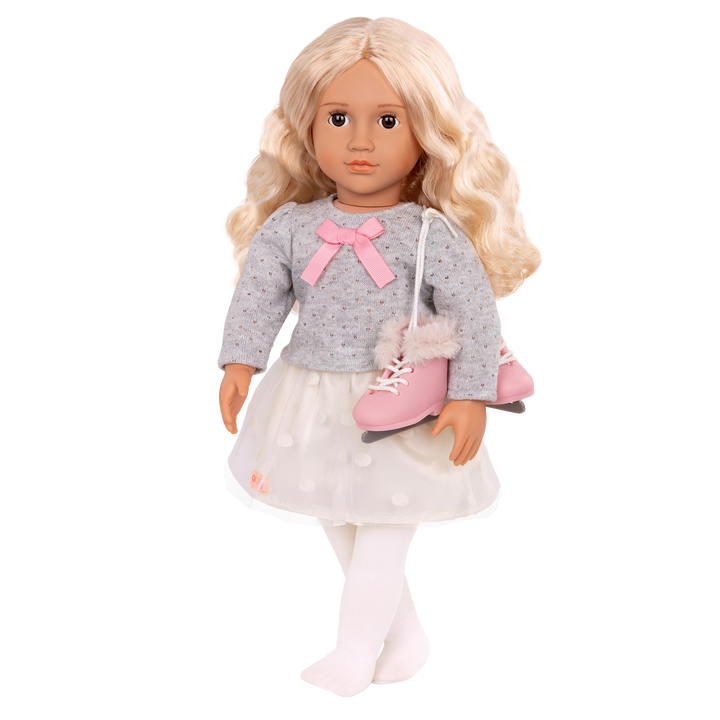 18-inch doll with blonde hair, brown eyes and ice skates