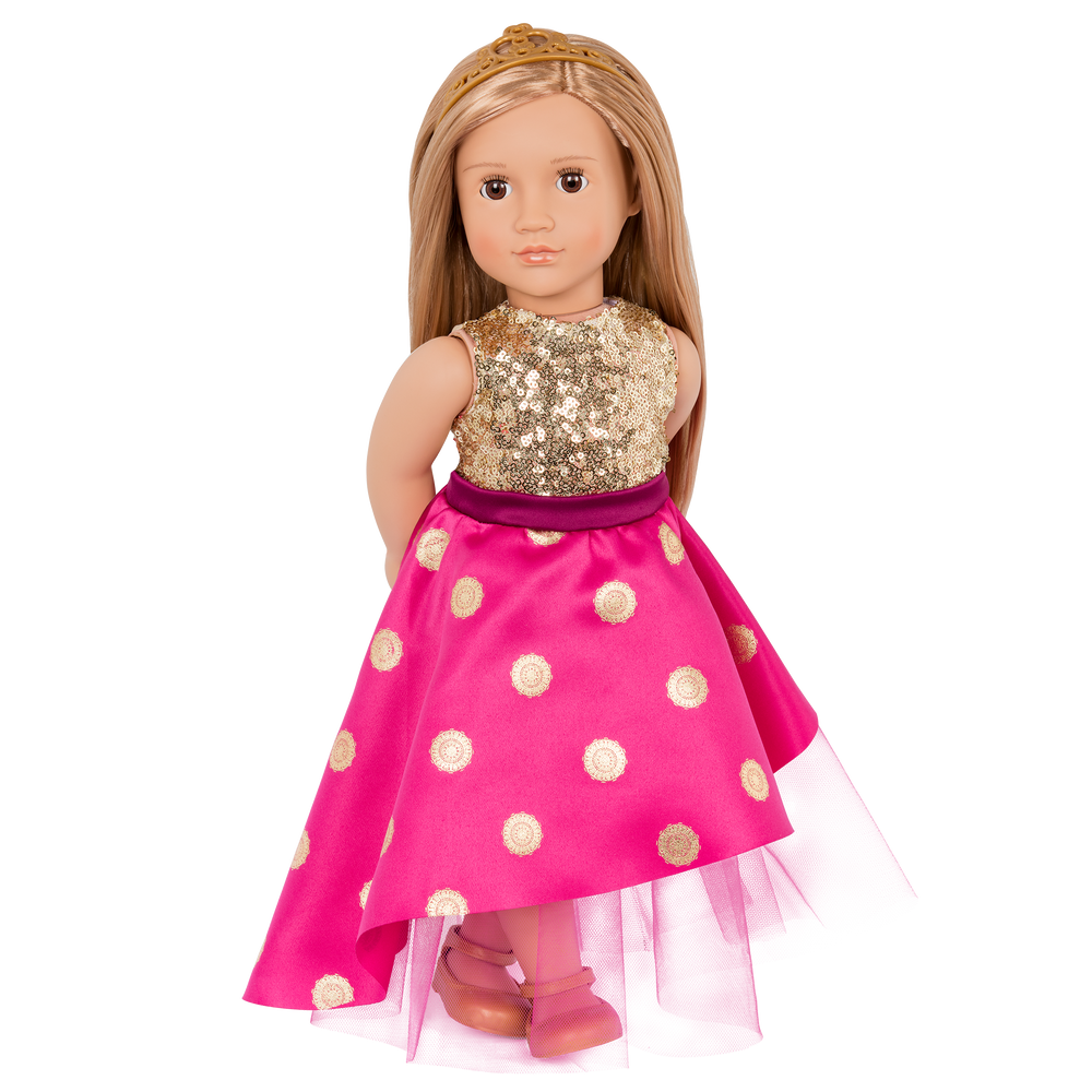 18-inch doll with blonde hair and brown eyes