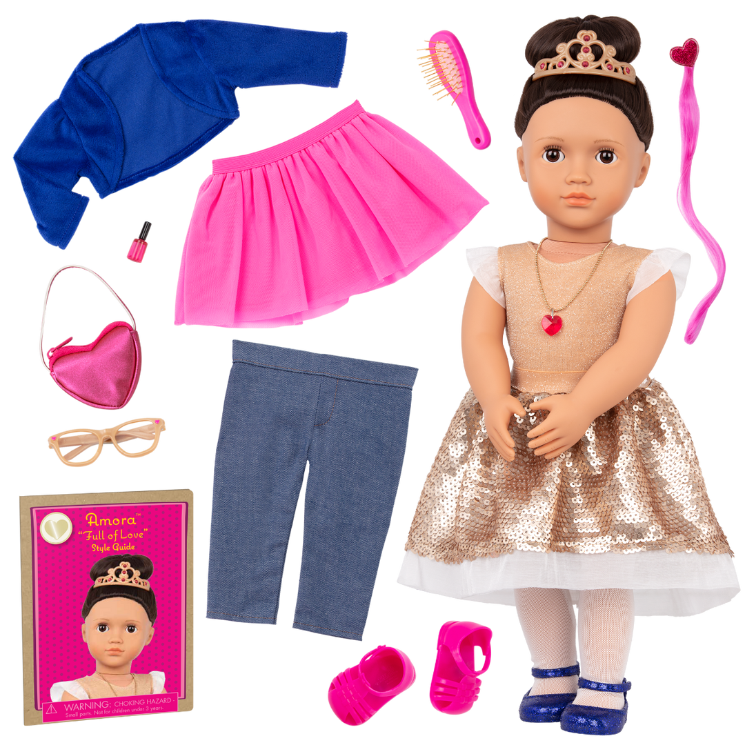 Amora - Our Generation Doll Starter Kit - 46cm Doll with 2 Outfits , Accessories & Book - Doll with Brown Eyes & Brown Hair - Toys & Gifts for Children - Our Generation