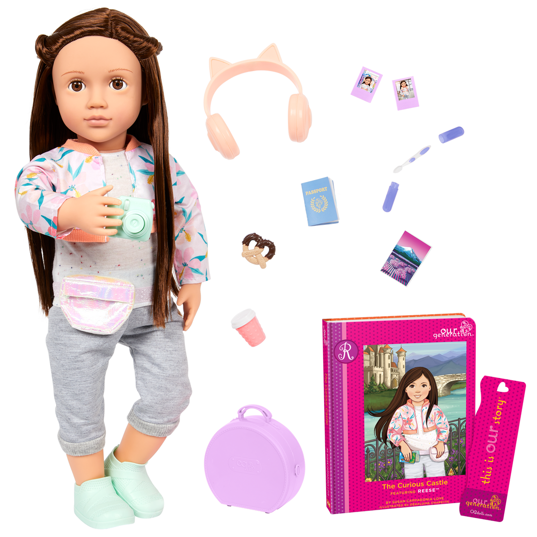 Reese - 46cm Travel Doll - OG Doll with Brown Hair & Brown Eyes - Doll with Storybook - Travel Accessories - Toys & Gifts for 3 Years + - Our Generation UK