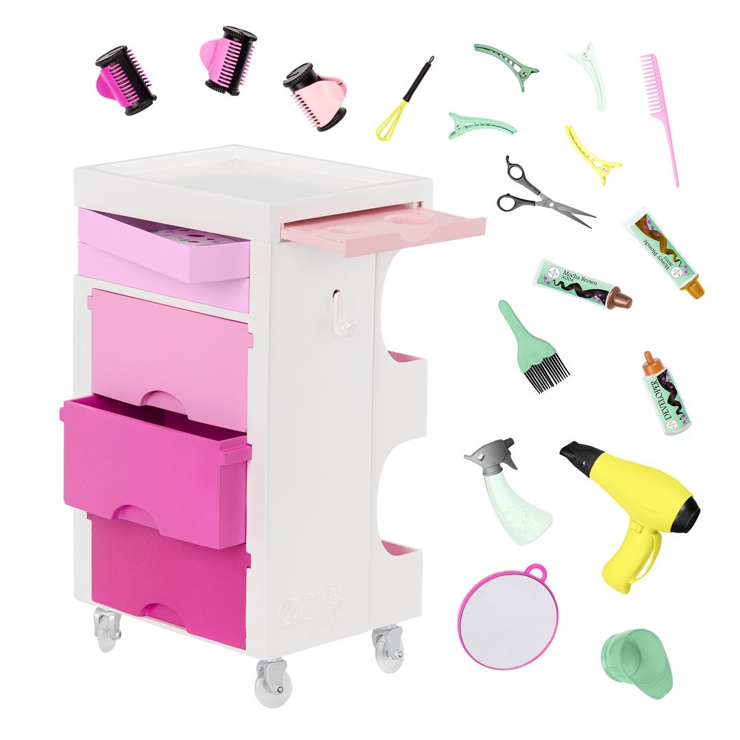 OG Salon Cart - Hair Dresser Salon Trolley in Pink & White - Hair Styling Accessories - Hair Salon Accessory - Our Generation