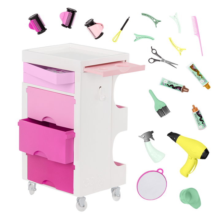OG Salon Cart - Hair Dresser Salon Trolley in Pink & White - Hair Styling Accessories - Hair Salon Accessory - Our Generation