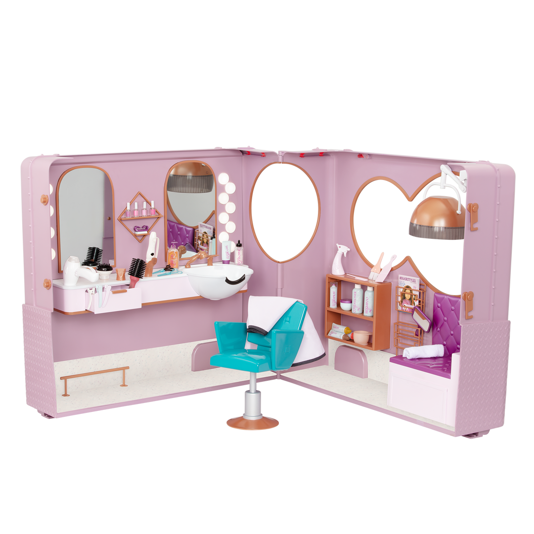 Salon on Wheels - Hair Salon for 46cm Dolls - Purple Hair Dressers on Wheels - Hair Dresser Accessories, Salon Chair - Accessory with Functioning Lights & Sounds - Our Generation UK