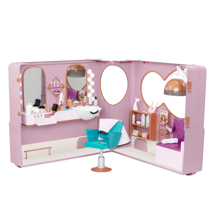 Salon on Wheels - Hair Salon for 46cm Dolls - Purple Hair Dressers on Wheels - Hair Dresser Accessories, Salon Chair - Accessory with Functioning Lights & Sounds - Our Generation UK