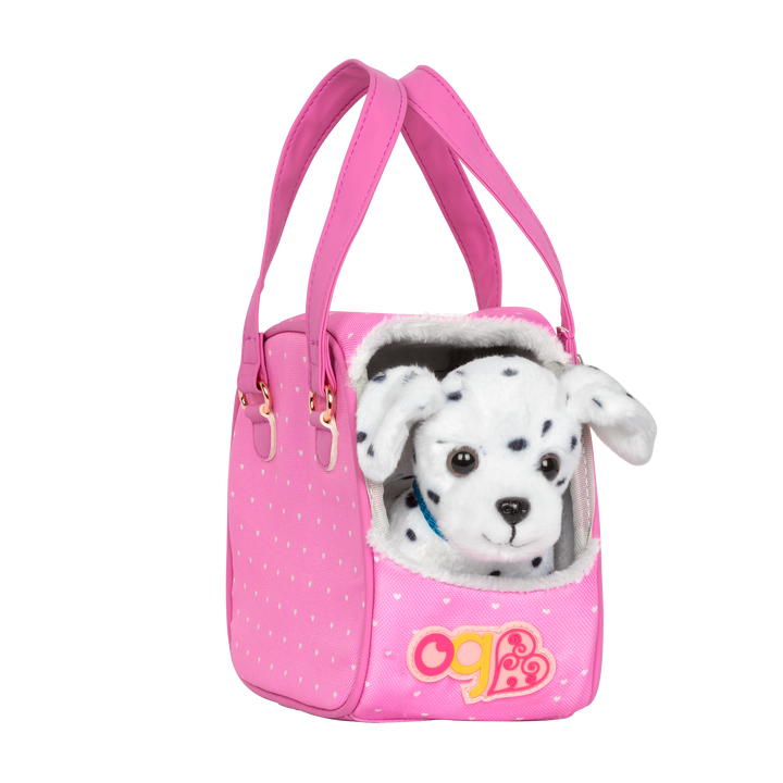 Hop In Dog Carrier - Pink Dog Carrier Bag with Dalmatian Pup - Pet Accessories for Dolls - Our Generation UK